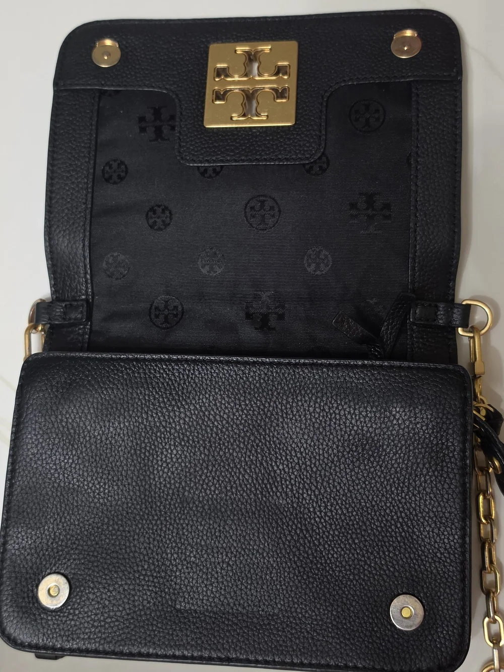 Tory Burch Black Leather Crossbody with Gold Logo Chain
